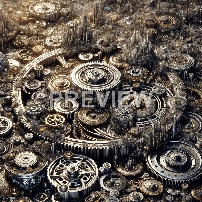 The image features an intricate and dense arrangement of metallic gears, cogs, and machinery components, creating a complex mechanical landscape. The gears vary in size and design, interlocking and overlapping with a shiny, reflective surface that highlights their detailed textures and craftsmanship. The overall scene has a futuristic, industrial feel, emphasizing the interconnectedness and precision of mechanical systems.